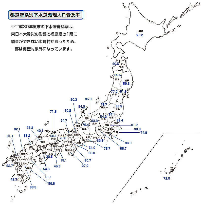 都道府県別の下水処理人口普及率 公益社団法人 日本下水道協会